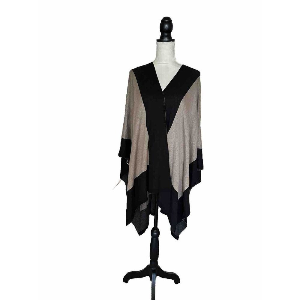 Dillards All Black Tan Color Block Poncho Open  Shawl Ruana One Size fits all